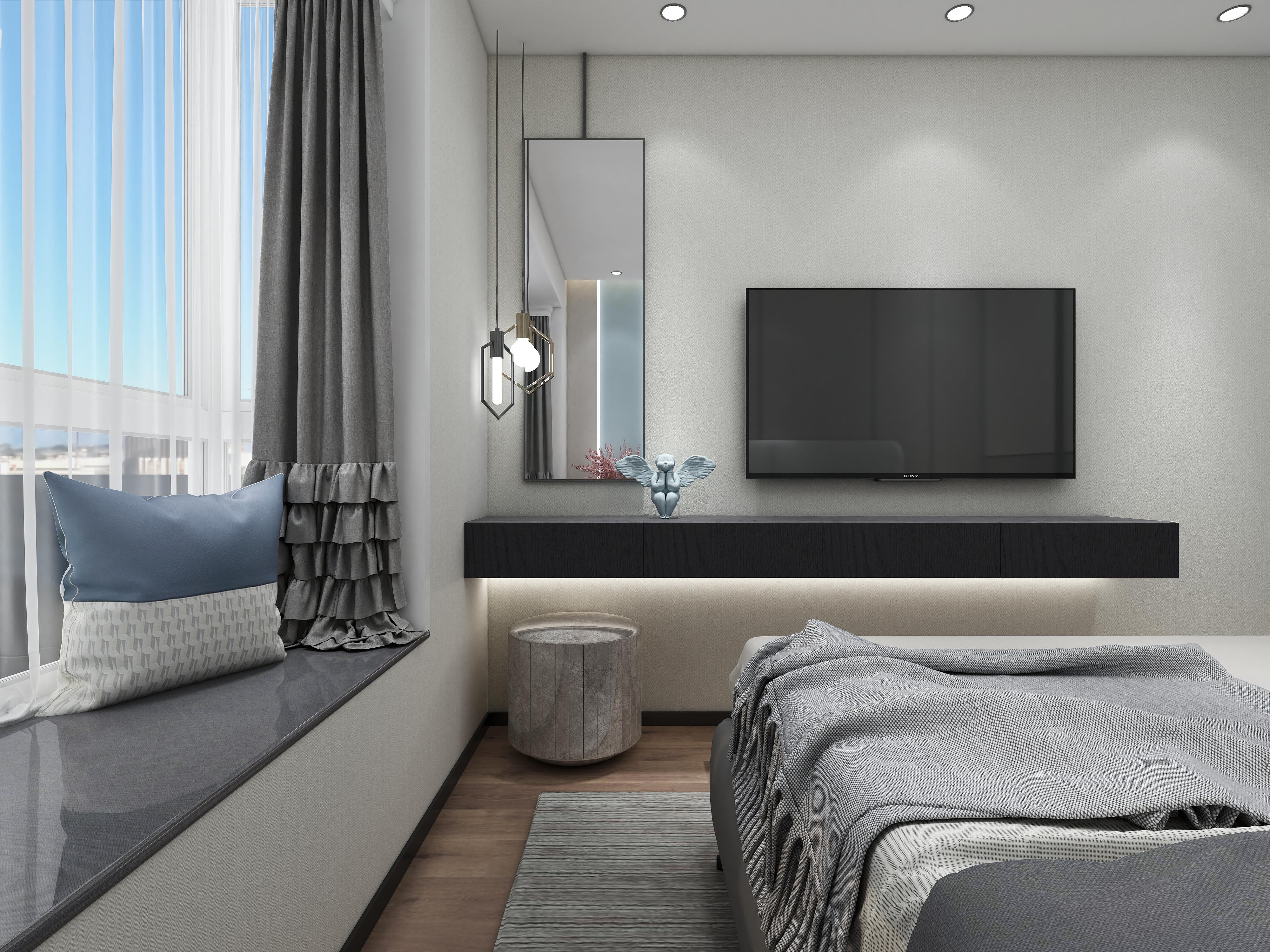 主卧的设计也是简单舒适为主,背景墙线条与光线的搭配充满了现代感.