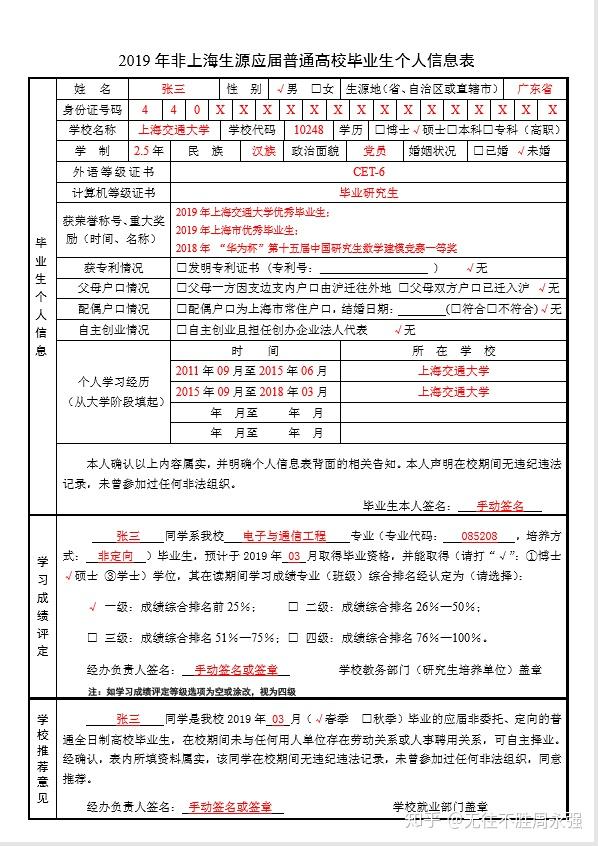 (此表用於上海市居住證申領)2019年非