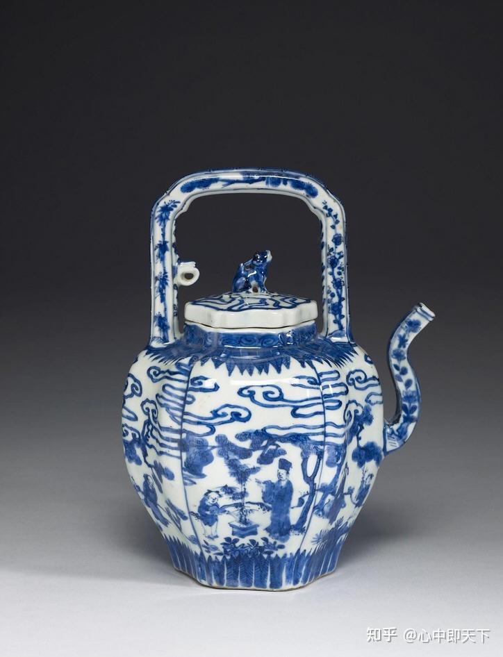 明万历景德镇官窑青花高士图瓜棱提梁壶