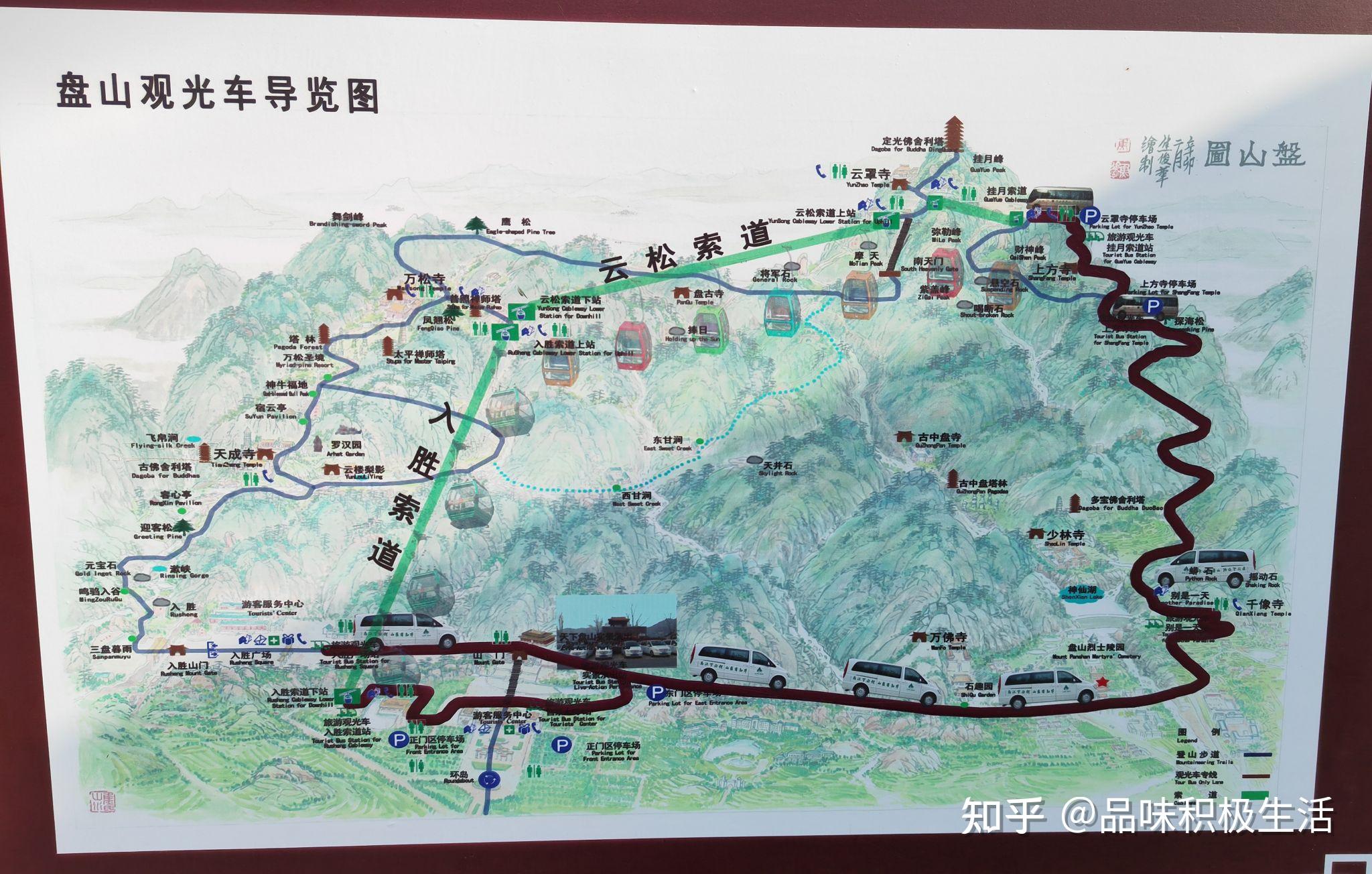 1,步行爬山路线盘山导览图左上蓝色实线为步行路线