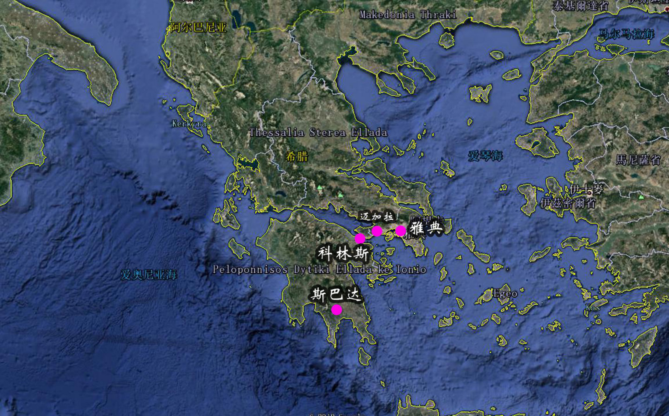 图 12:雅典最有名的三个城邦——雅典,科林斯,斯巴达位置示意图