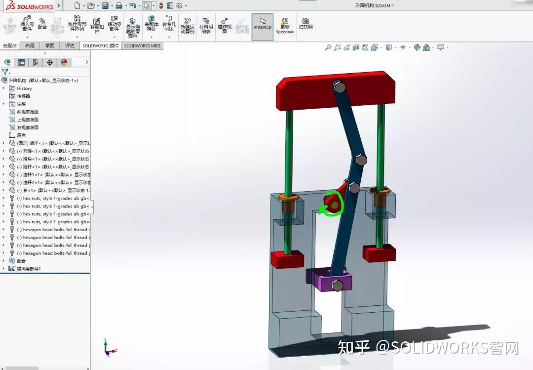 問題描述: 使用solidworks進行搖桿升降機構分析,詳細條件: 在搖桿