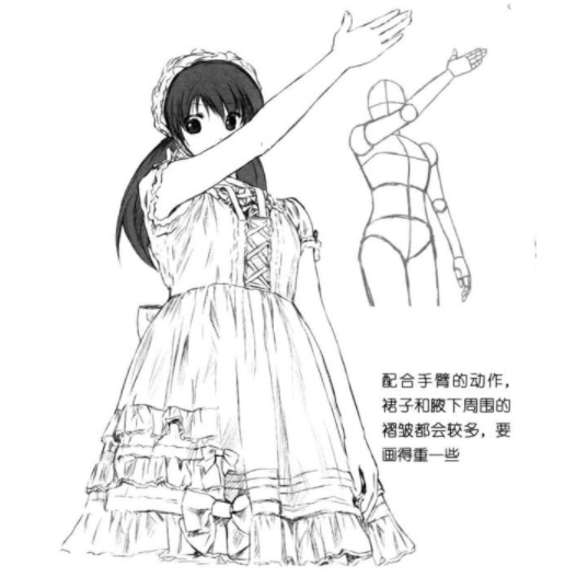 手臂向前抬起时,手肘的位置会稍微发生变化,裙子会往上提.