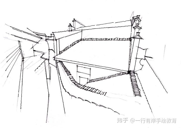 step1:建筑起形,墨线勾勒外边框架.