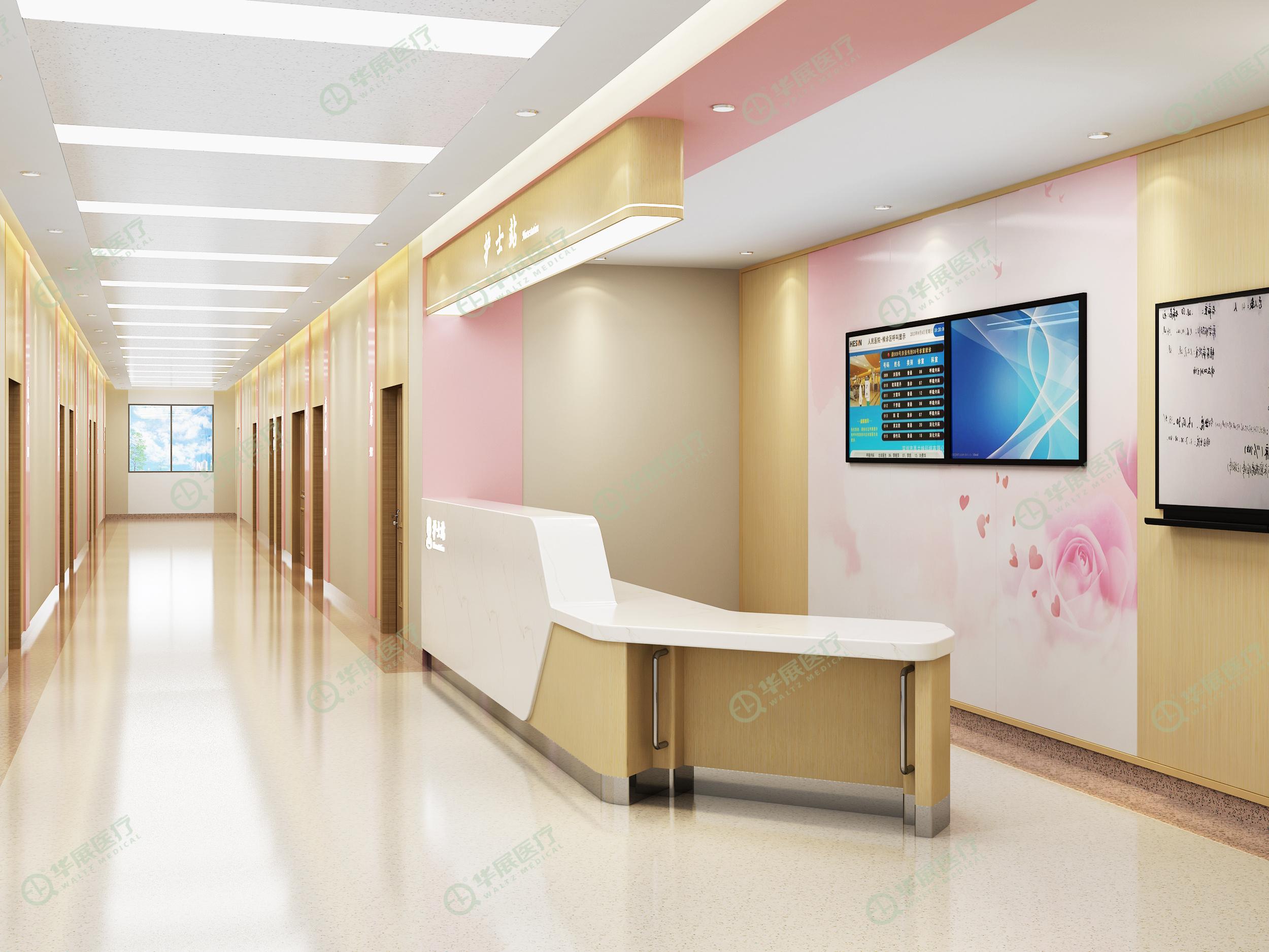 妇产科护士站效果图华展医疗设计的妇产科护士站,采用了柔和的色调