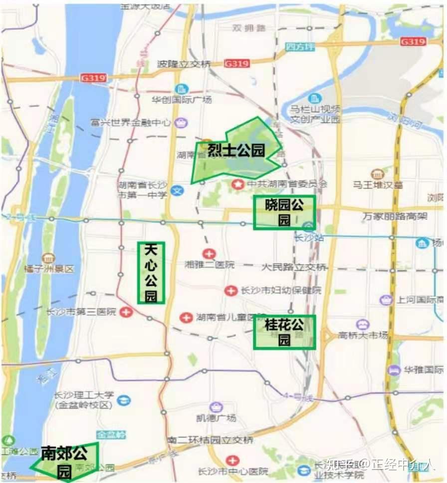 中心板块;沿江风光带,烈士公园,南郊公园,晓园公园,天心公园,桂花公园