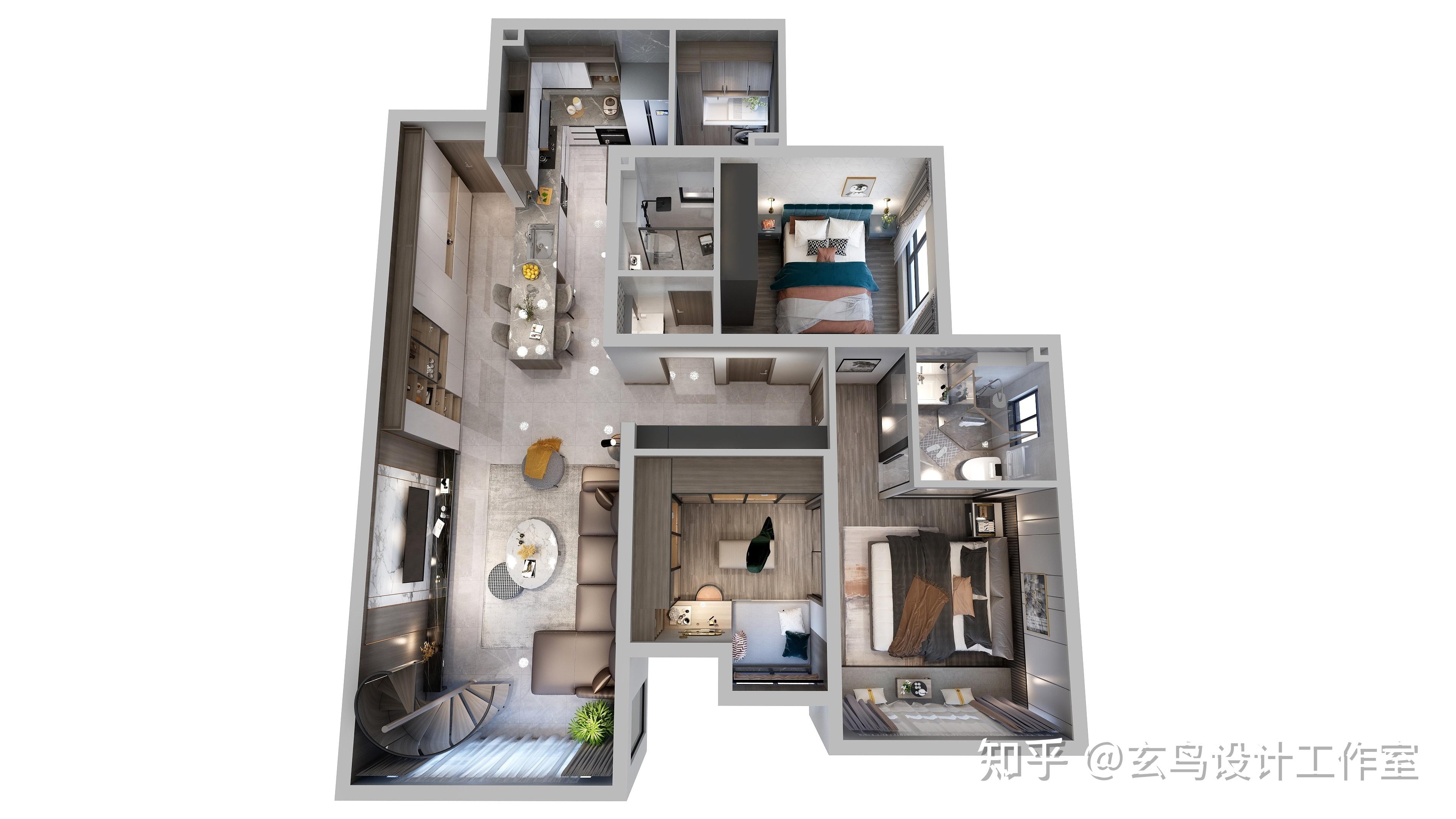 一楼俯视图(图片来源:酷家乐网站优秀设计-王芬芳设计师)一楼客餐厅