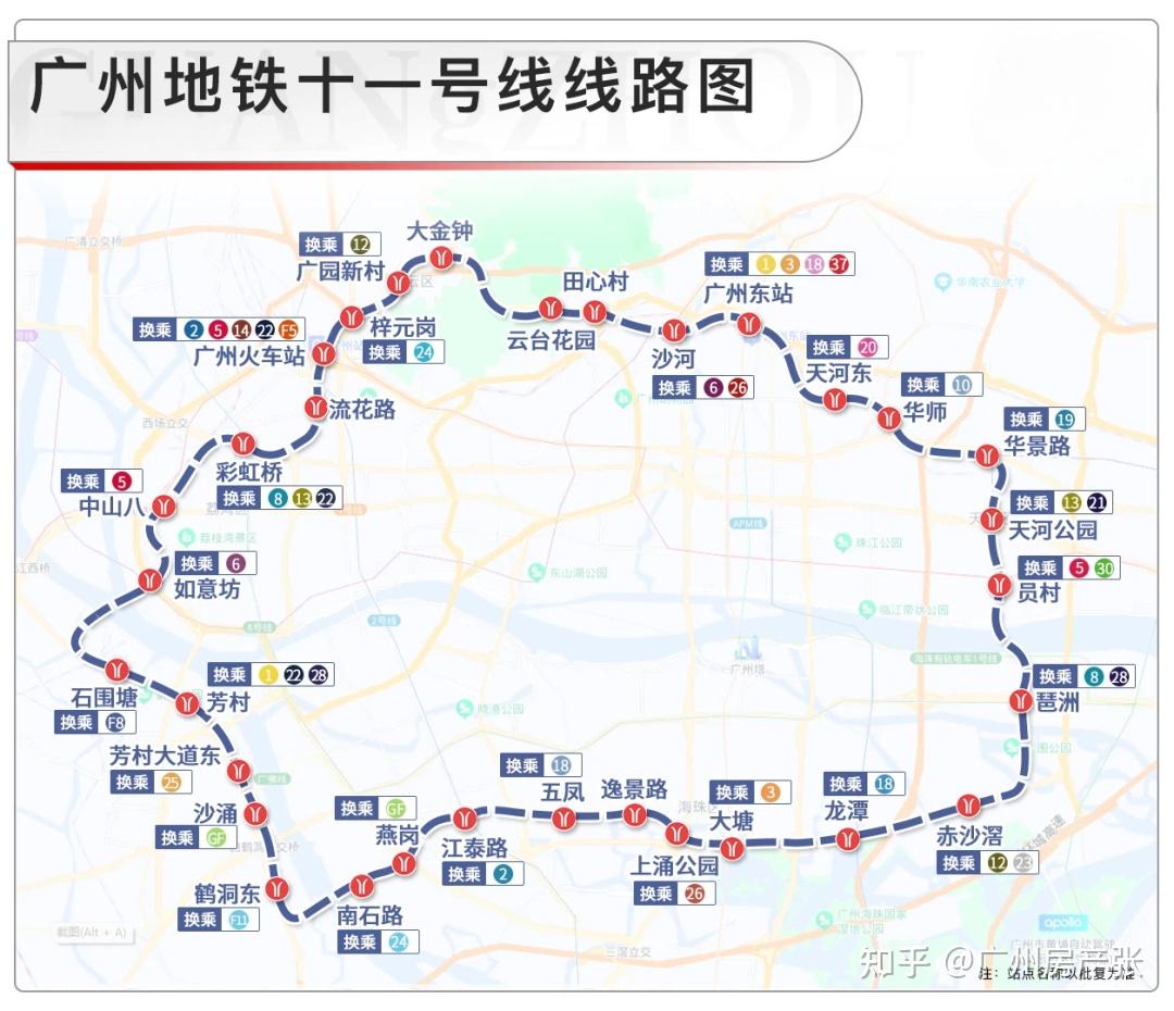 11号线是广州首条环线,途经天河,白云,越秀,荔湾,海珠等中心五区,计划