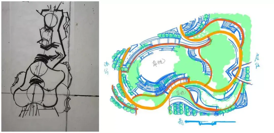 在动笔之前我们考虑轴线的安排和泡泡图的绘制,如上图,景观轴线分主轴