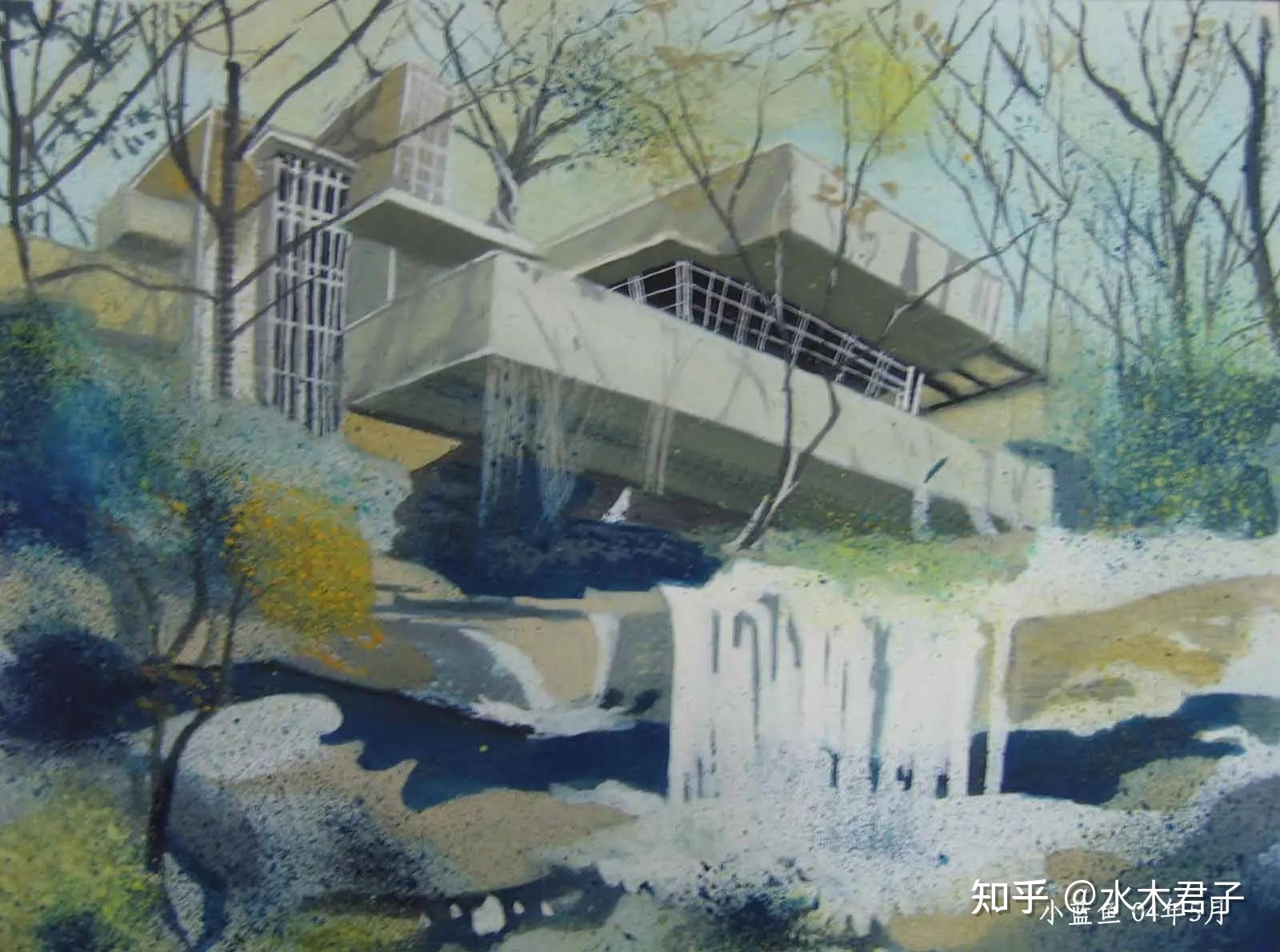 水彩渲染流水别墅,不知道哪个杀千刀的甩笔,甩了一道蓝在我图纸上.
