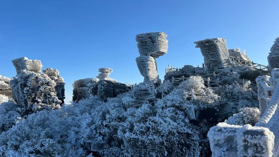 12月20日,天氣放晴,陽光照耀著梵淨山,前來賞雪的拍照,踏雪,賞霧凇