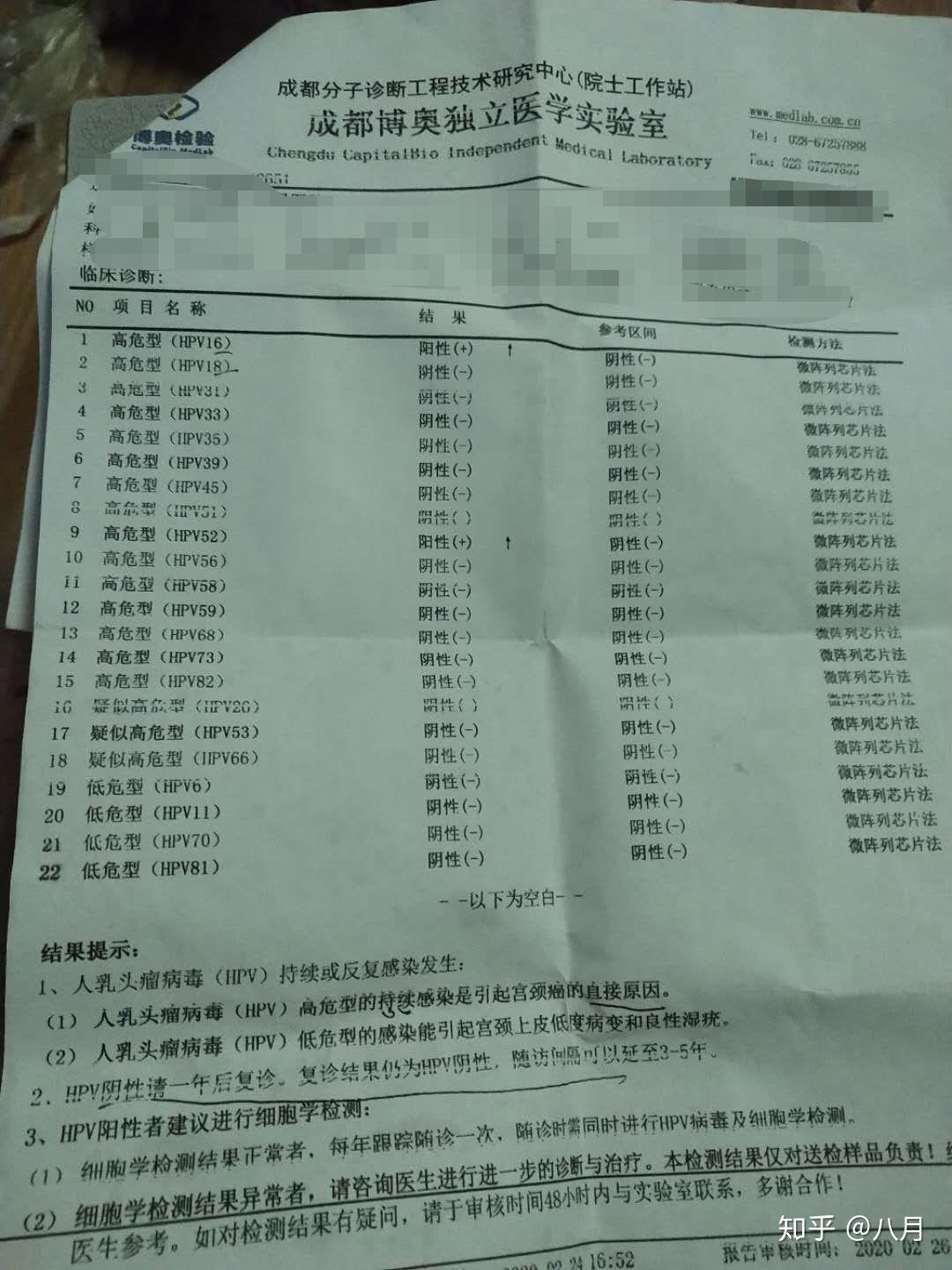 2020年2月,在老家同一家三甲醫院複查,hpv16型和52型仍然是陽性(後