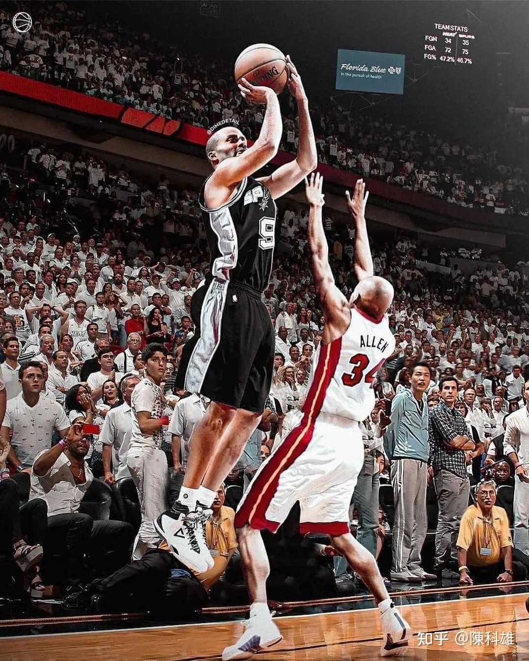 2013年总决赛,雷阿伦接克里斯波什的传球,迎着托尼帕克投进了一记续命