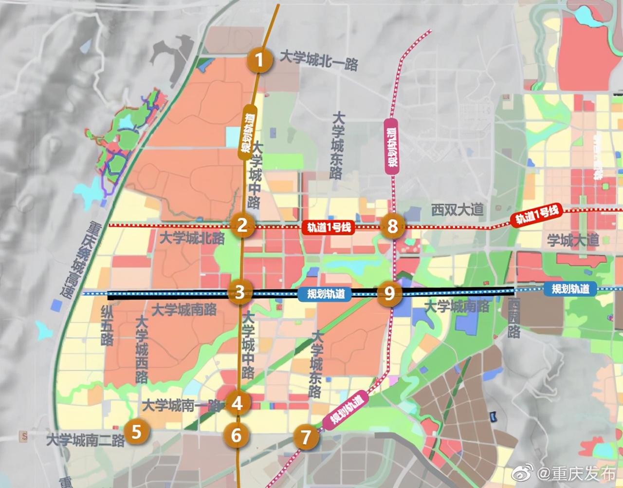 南二路,大學城西路,大學城中路等9處道路的立交改造,還與重慶軌道交通