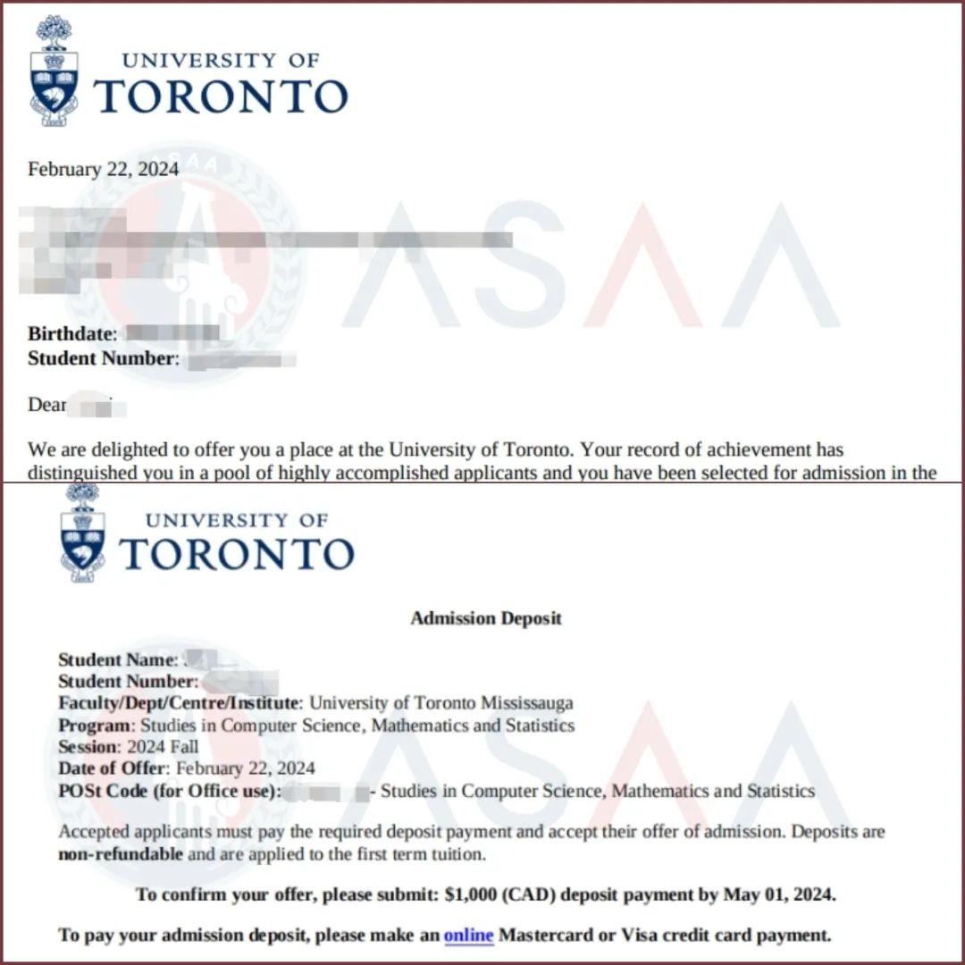 今年asaa w同学和b同学就成功拿下了多伦多大学cs专业offer!
