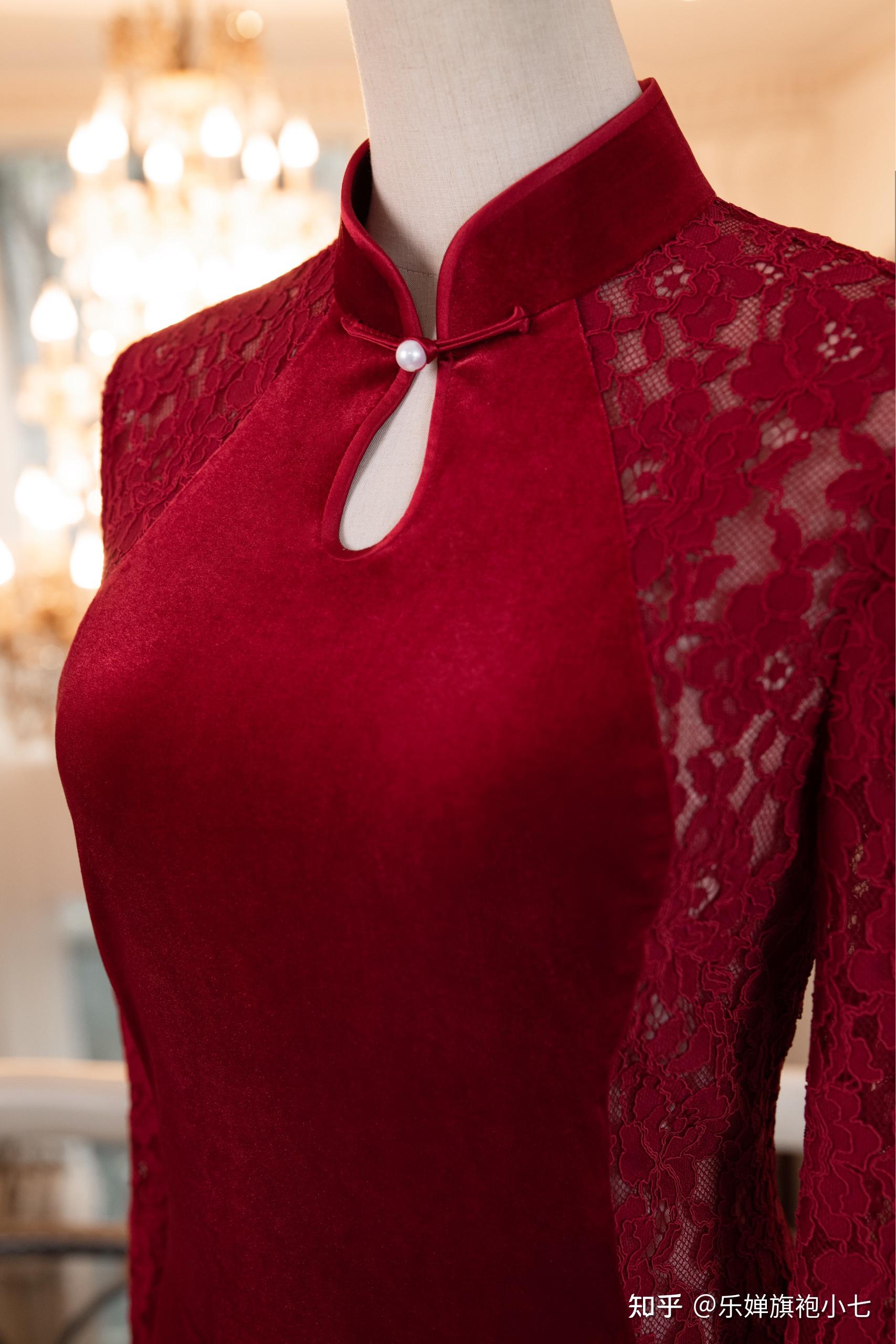 乐婵旗袍丝绒拼蕾丝敲心动