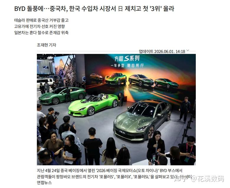 中国汽车迎来新突破,比亚迪领跑跻身韩国进口车市场前三