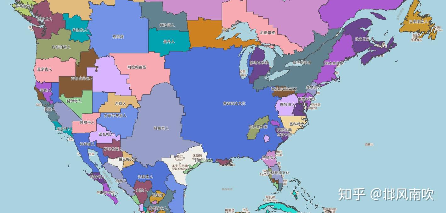 (上图为大航海时代早期印第安部族分布情况)美国本土印第安人分支繁杂