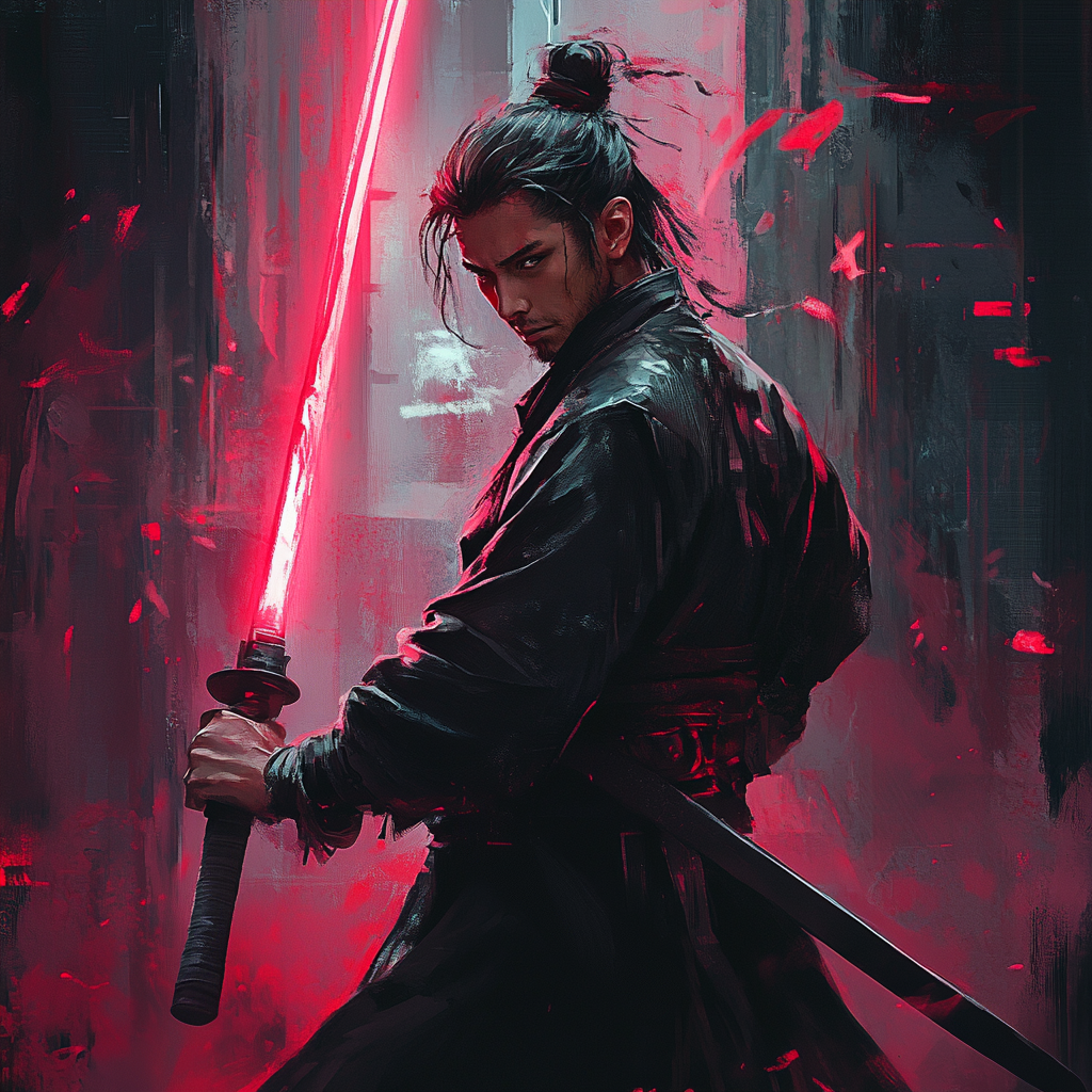 赛博男剑客头像 alexios 收录于·无刃之诗 霓灯似海夜无涯, 巨构凌空