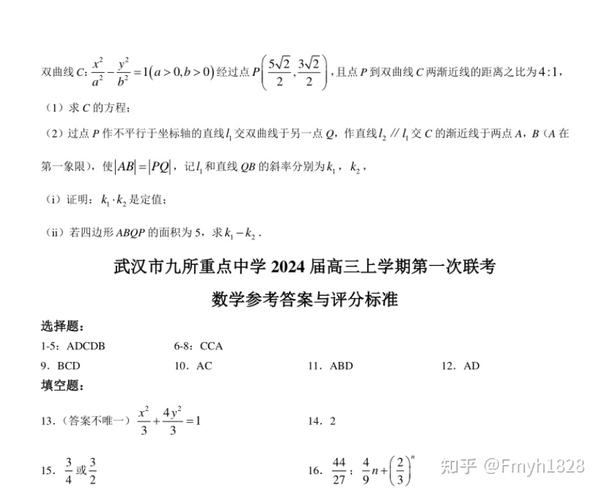 湖北省武汉市九所重点中学2024届高三上学期第一次联考数学简略解答 知乎