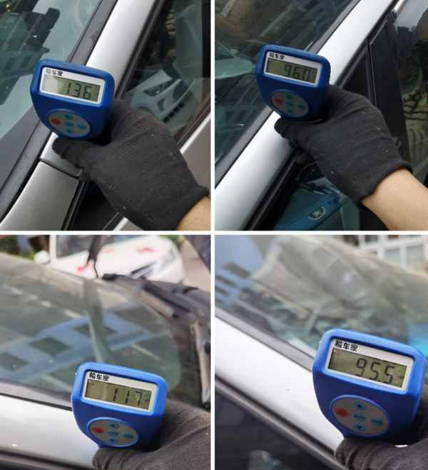 检测左右的a柱漆面情况,面漆面厚度是在100多微米,是没有钣金和喷漆的