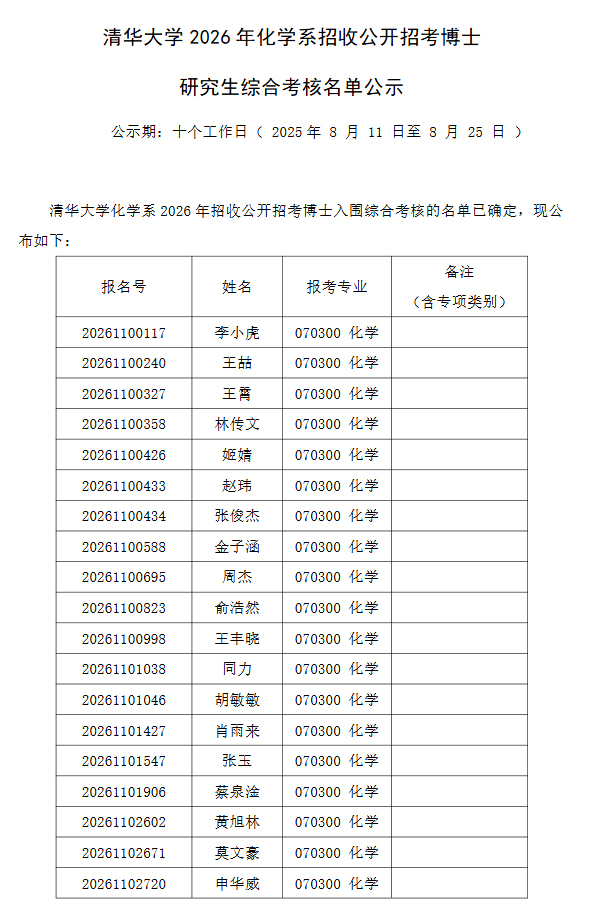 清华大学2026年化学系招收公开招考博士研究生综合考核名单公示 - 知乎