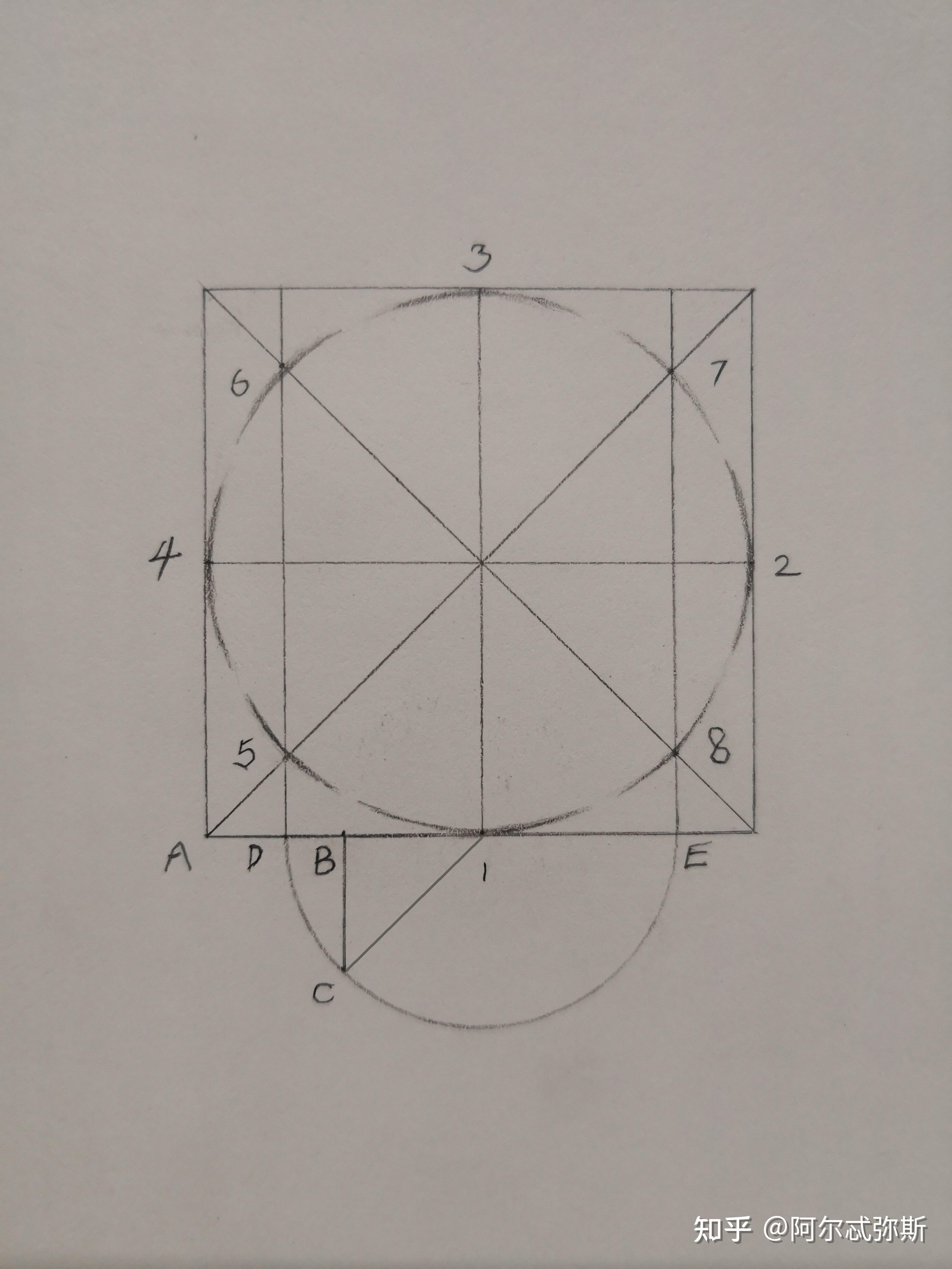 依次交两条对角线于5,6,7,8四点;图14⑤以1为圆心,c1长为半径画弧