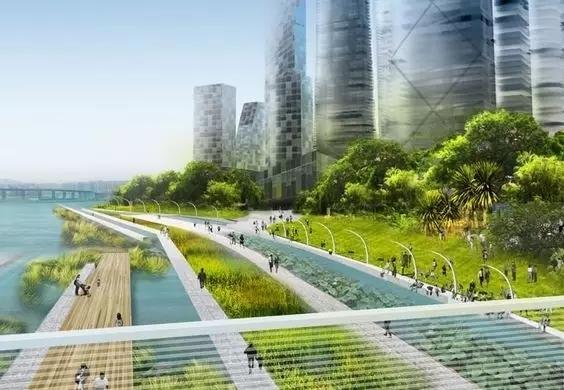滨水景观带上可以结合布置城市空间系统绿地,公园,营造出宜人的城市