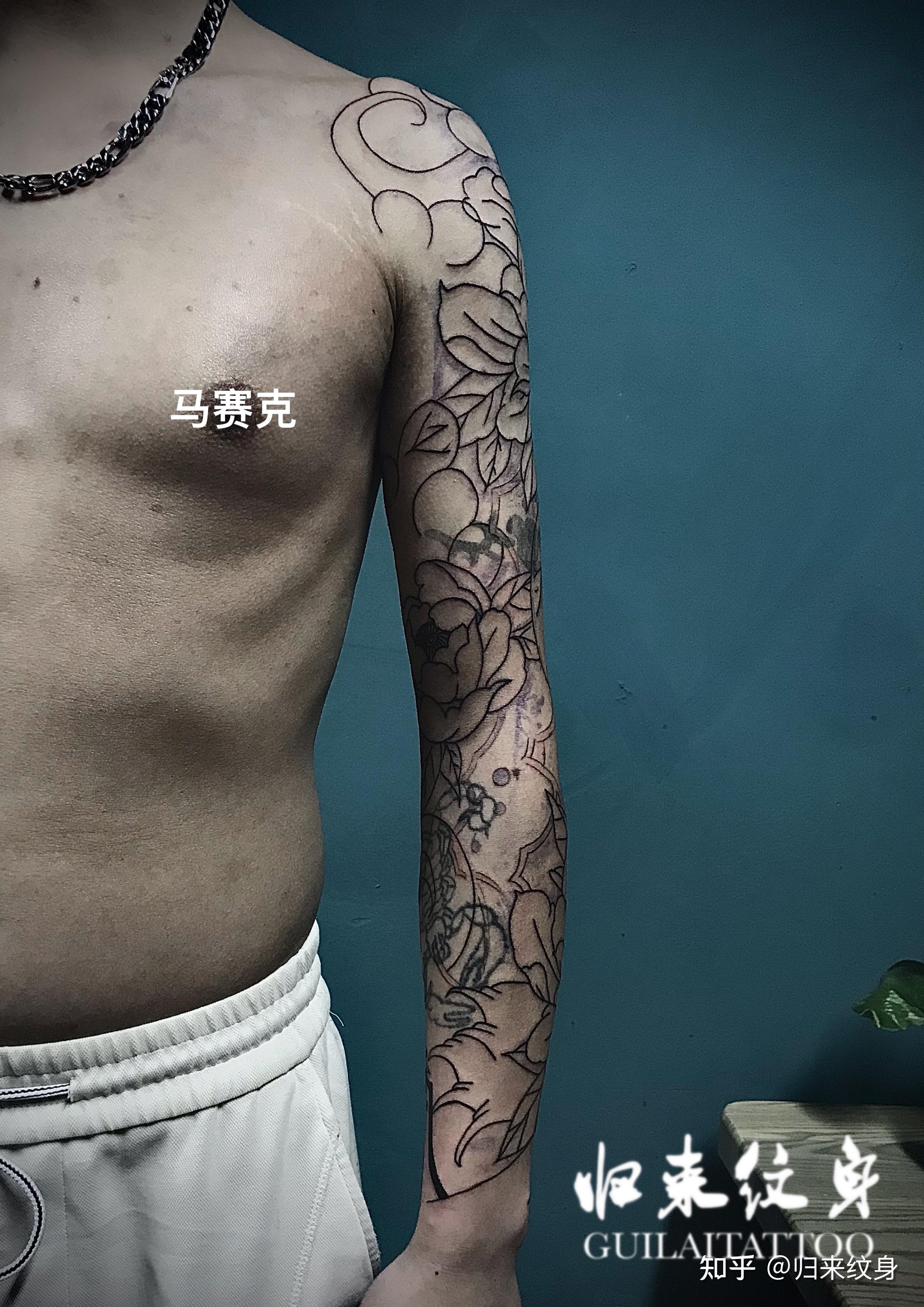 店内近期纹身作品一一—牡丹花臂(遮盖两处旧纹身) - 知乎