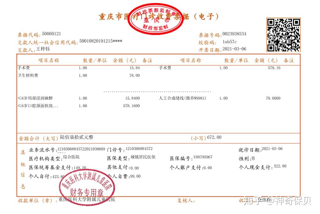 这是重庆市某医院门诊发票,几个比较关键的项目:医保统筹支付,其他