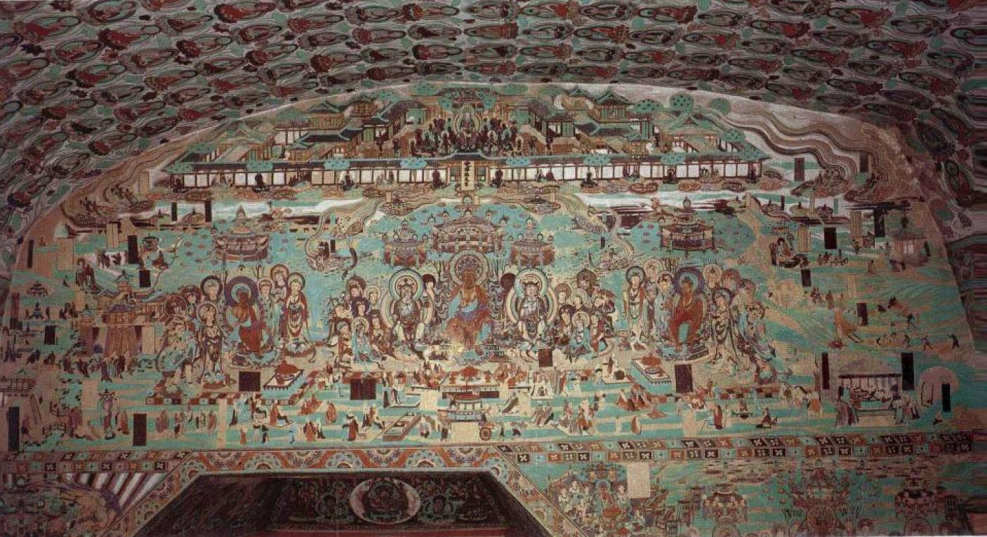 盛唐-敦煌148窟南壁 上部-弥勒上生下生经变(下右为西壁-涅槃经变第一