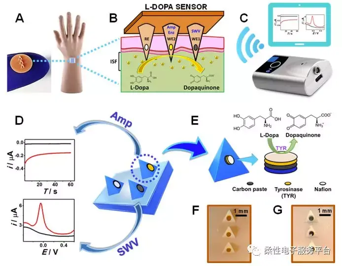 a)可穿戴的微针传感器示意图,b)在人工组织液中进行l-dopa检测的微针