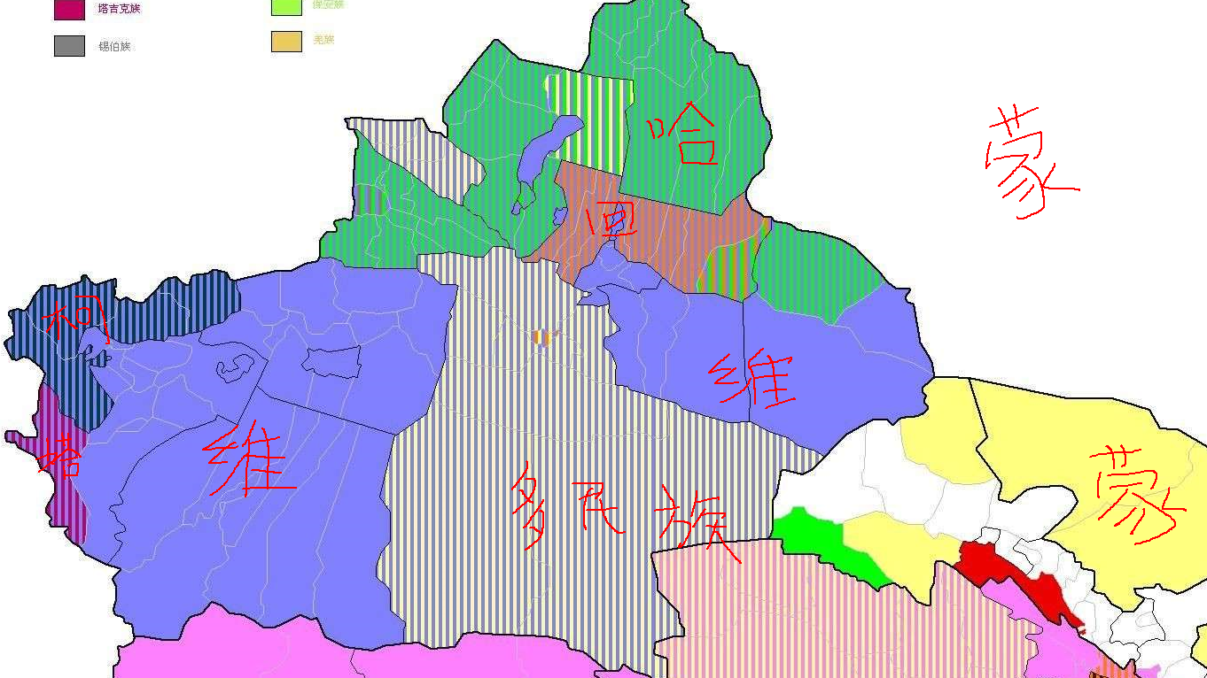 这是个比较粗略的新疆民族分布图,为什么说粗略呢,因为许多地方其实