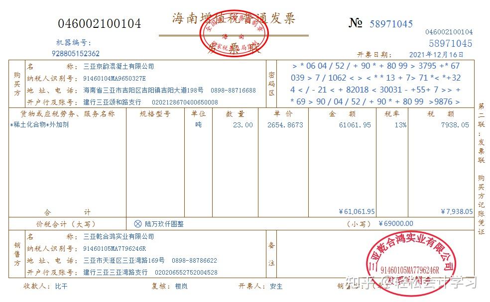 12月16日,向乾合鸿实业有限公司采购一批外加剂,数量23吨,单价3000元