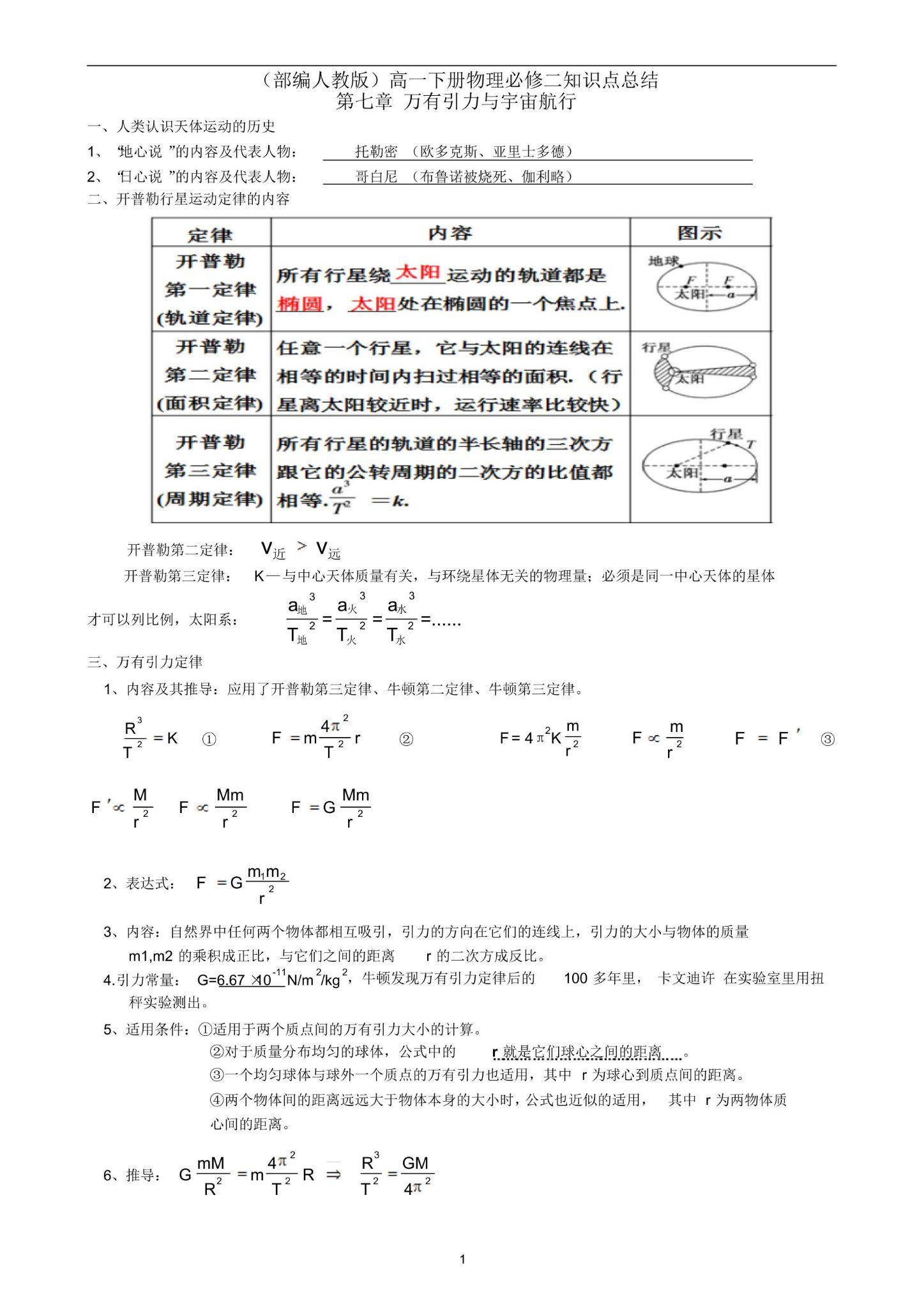 高考物理高一物理必修二第七章知识点总结