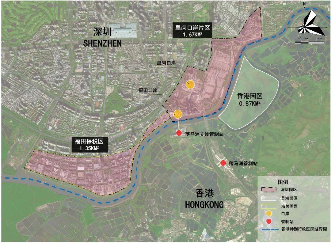 皇岗口岸),福田保税区和赤尾村片区;香港园区位于落马洲河套地区,规划