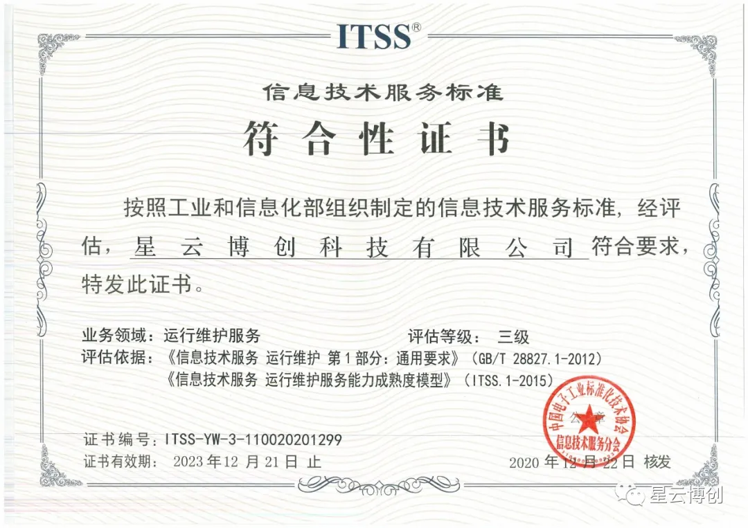 星云博创荣获itss运行维护服务能力成熟度三级资质
