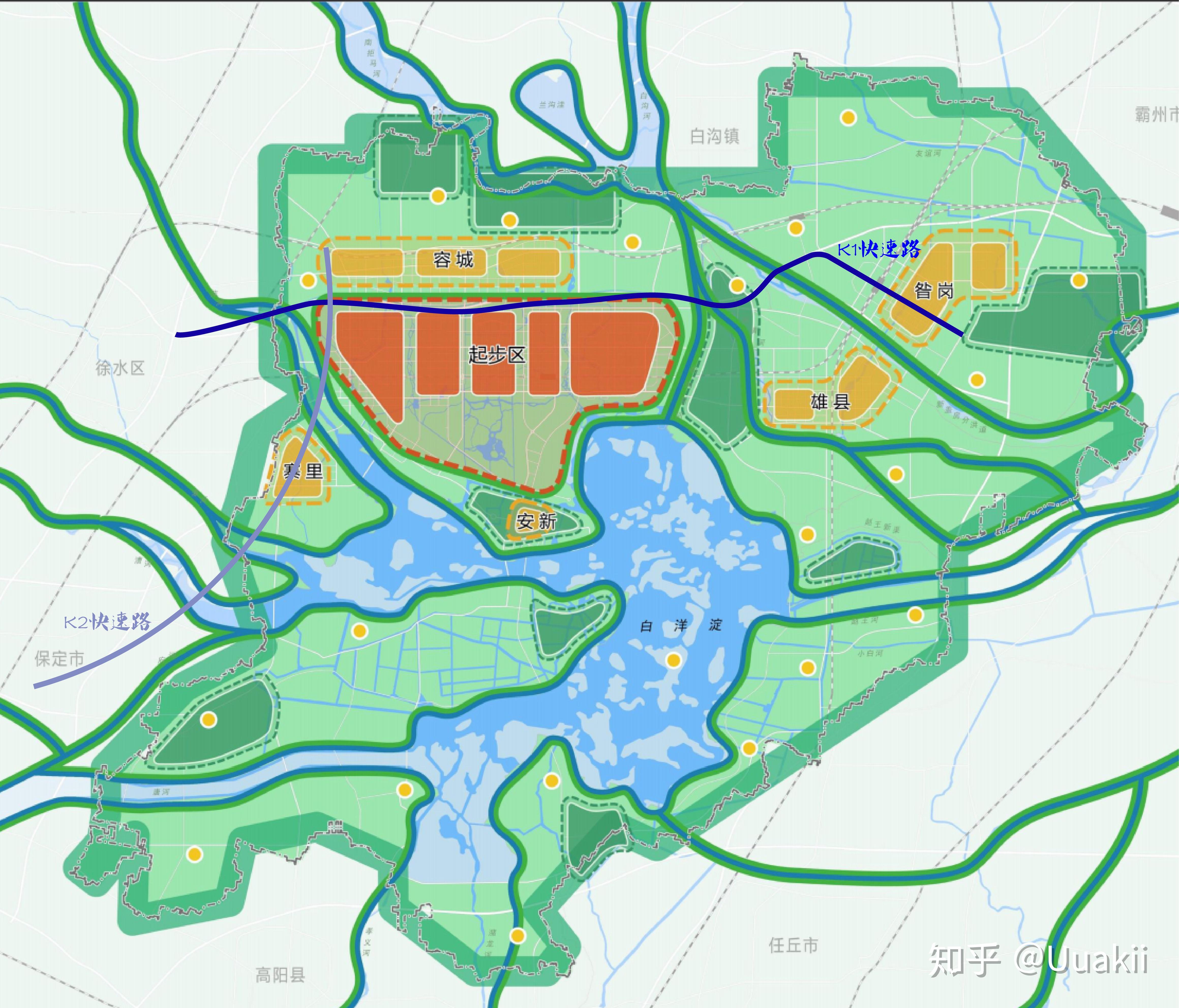 根据起步区纲要规划,雄安新区会在外围形成两条快速路,命名为k1,k2.