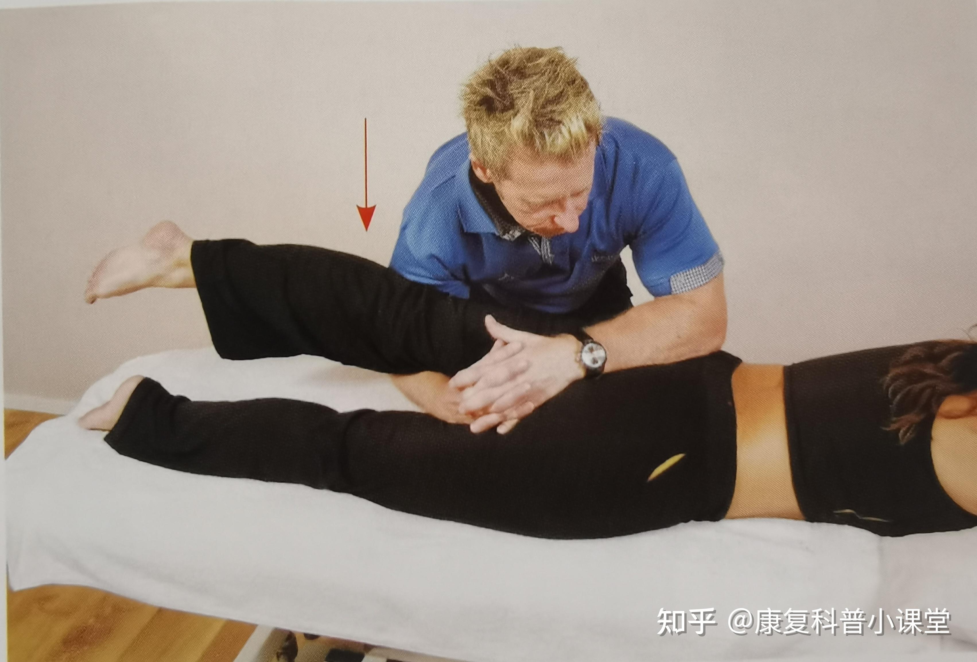 内收大腿,并以前臂引导患者的骨盆向前旋转,髋关节和骨盆的联合运动可