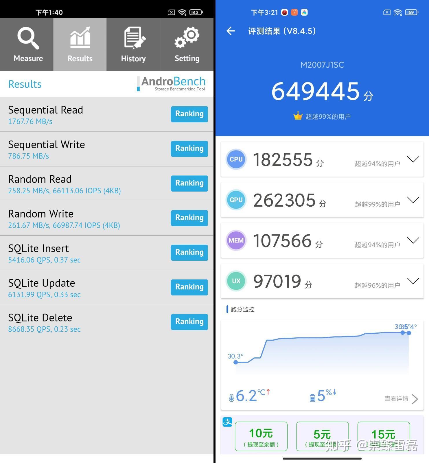 1闪存跑分,安兔兔跑分64.9万,性能媲美骁龙865 plus.