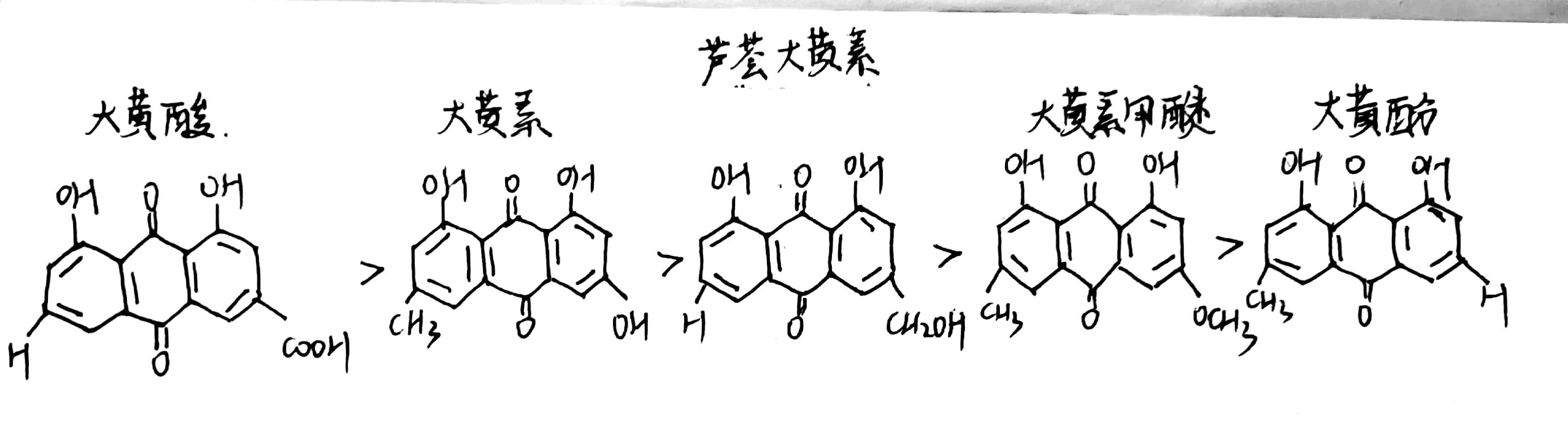 茜草素型(羟基分布在一侧的苯环上)蒽酮衍生物二蒽酮类成分,两分子