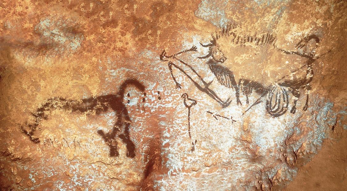 犀牛,受伤的人和开膛的野牛(拉斯科洞窟壁画)约公元前1