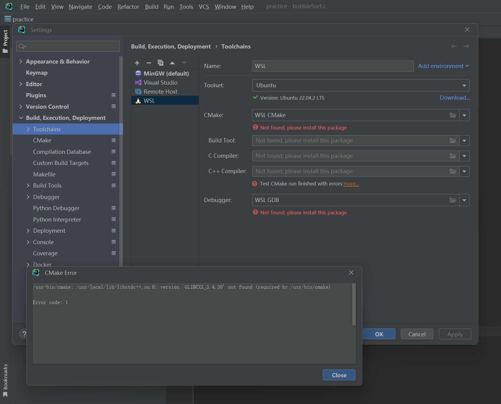 Clion wsl cmake 