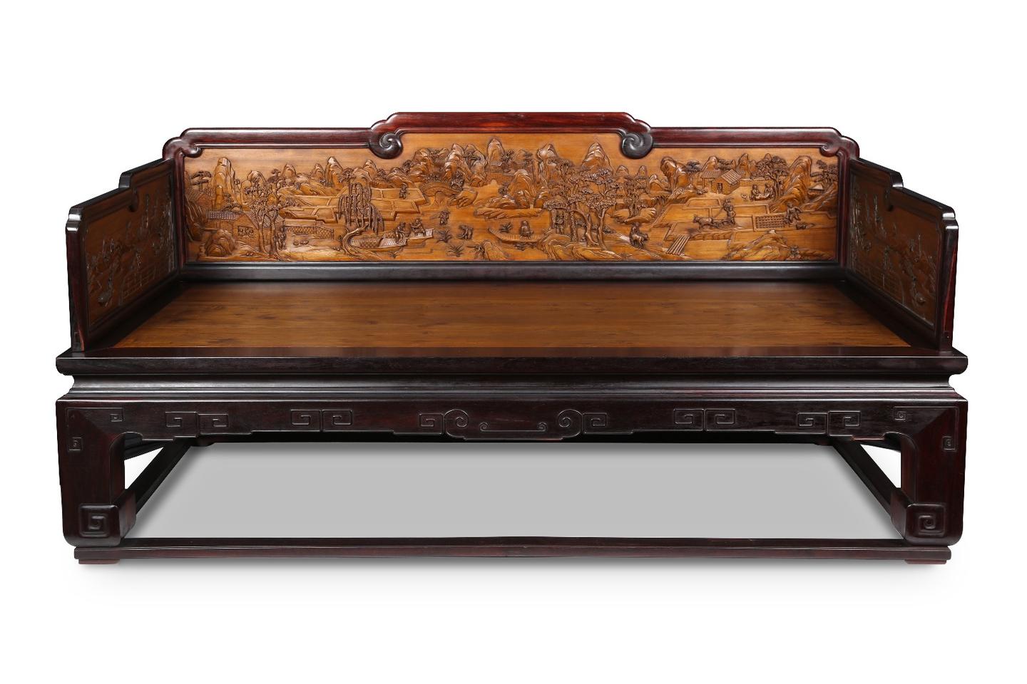 紫檀嵌金丝楠木雕渔樵耕读罗汉床