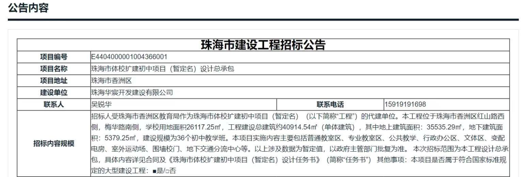 地址:珠海市体育中心东北角规模:36个教学班状态:已完成招标,预计2025