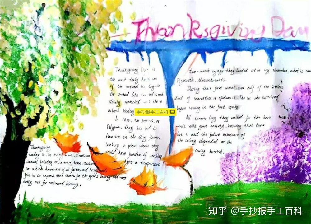 3星四川传媒学院学生画的感恩节英语手抄报,都是用水粉颜料和彩铅画的