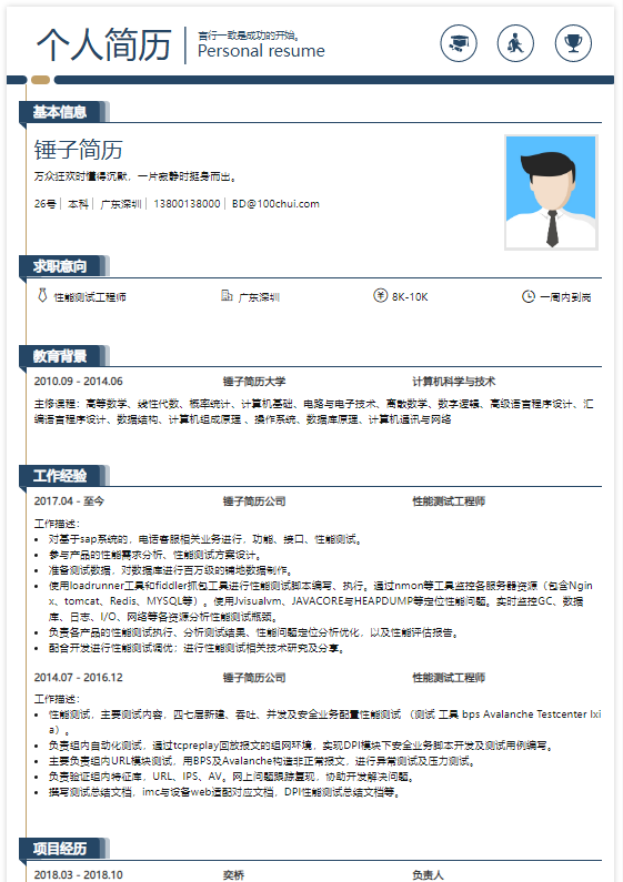 性能测试工程师简历模板在线简历案例锤子简历