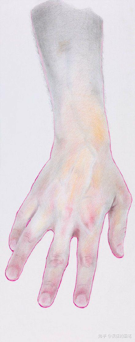 人物手的色彩画法,  手心特别是指尖指腹处用粉色染上血色,骨节点用色