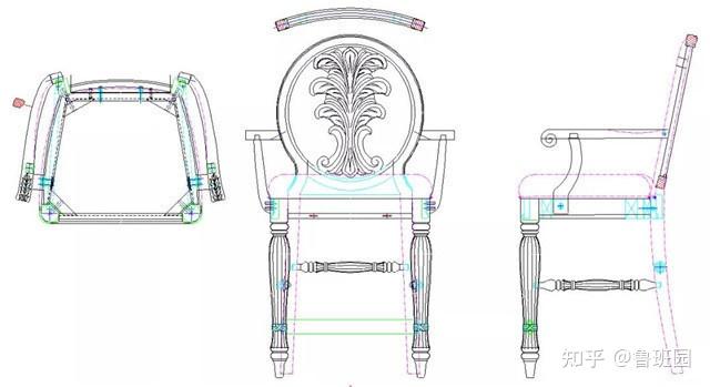 上图为该案例座椅的三视图,从左到右依次为俯视图,正视图,侧视图