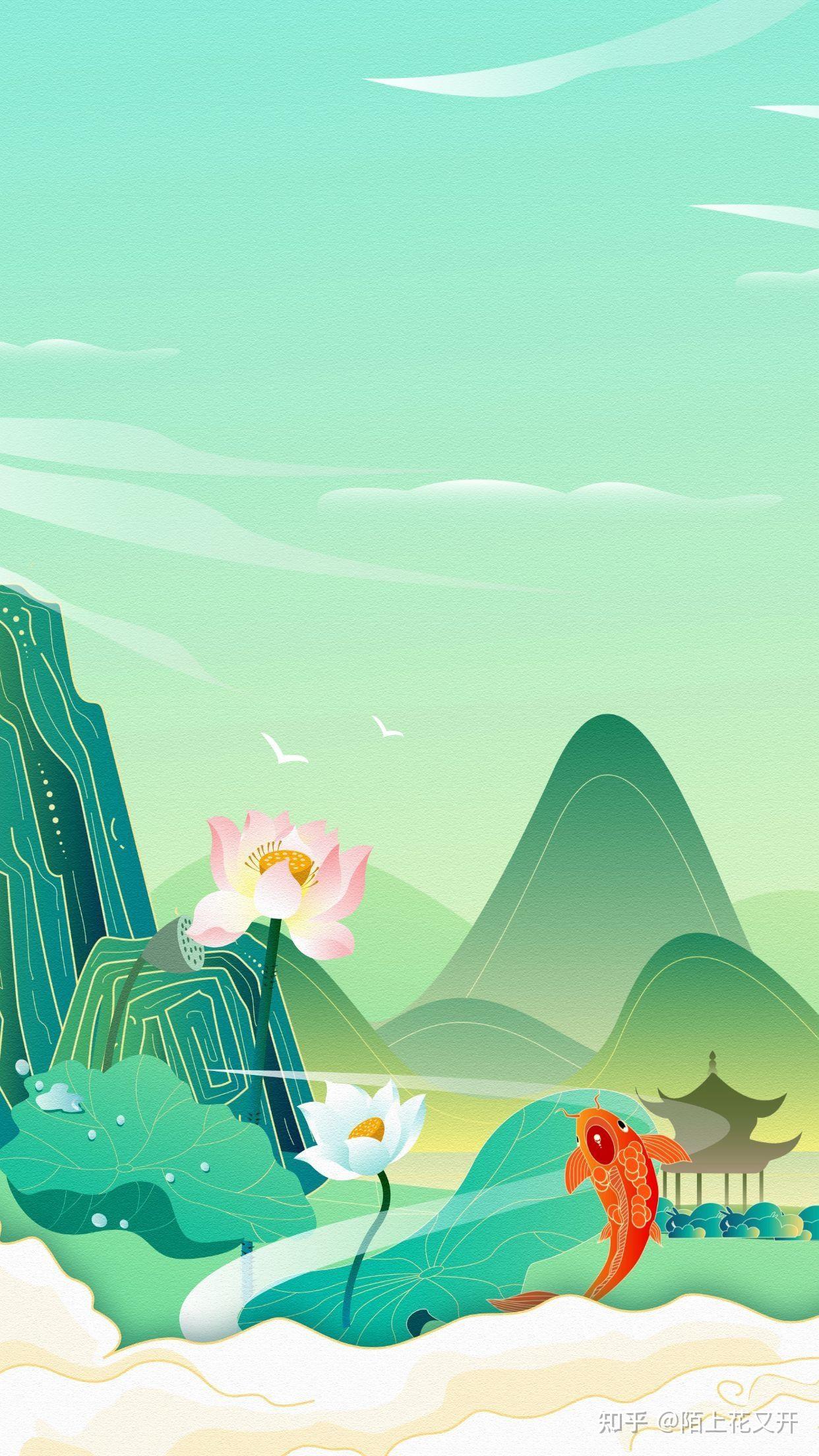 大暑国潮风|中国风|手绘插画海报设计|壁纸|背景图 - 知乎